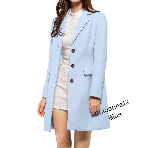 New Women Lapel Collar Long Wool Pea Coat Blue Button Down Gorgeous Coat - Picture 1 of 16